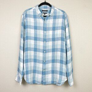 Banana Republic Men's Large Camden Fit 100% Linen Plaid Shirt Collare Button Blu